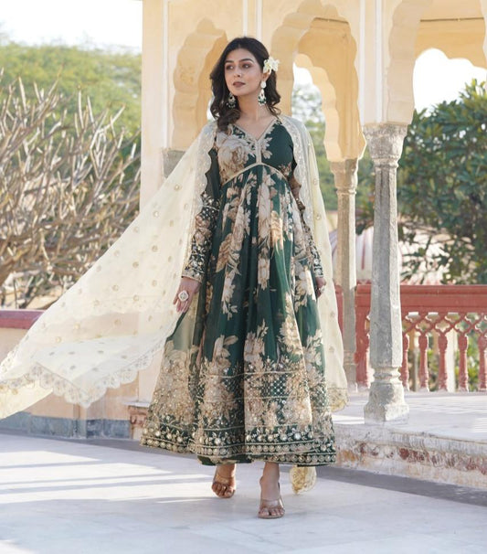Entrancing Green Russian Silk Floral Gown With Dupatta - INDIAN ELEGANCE