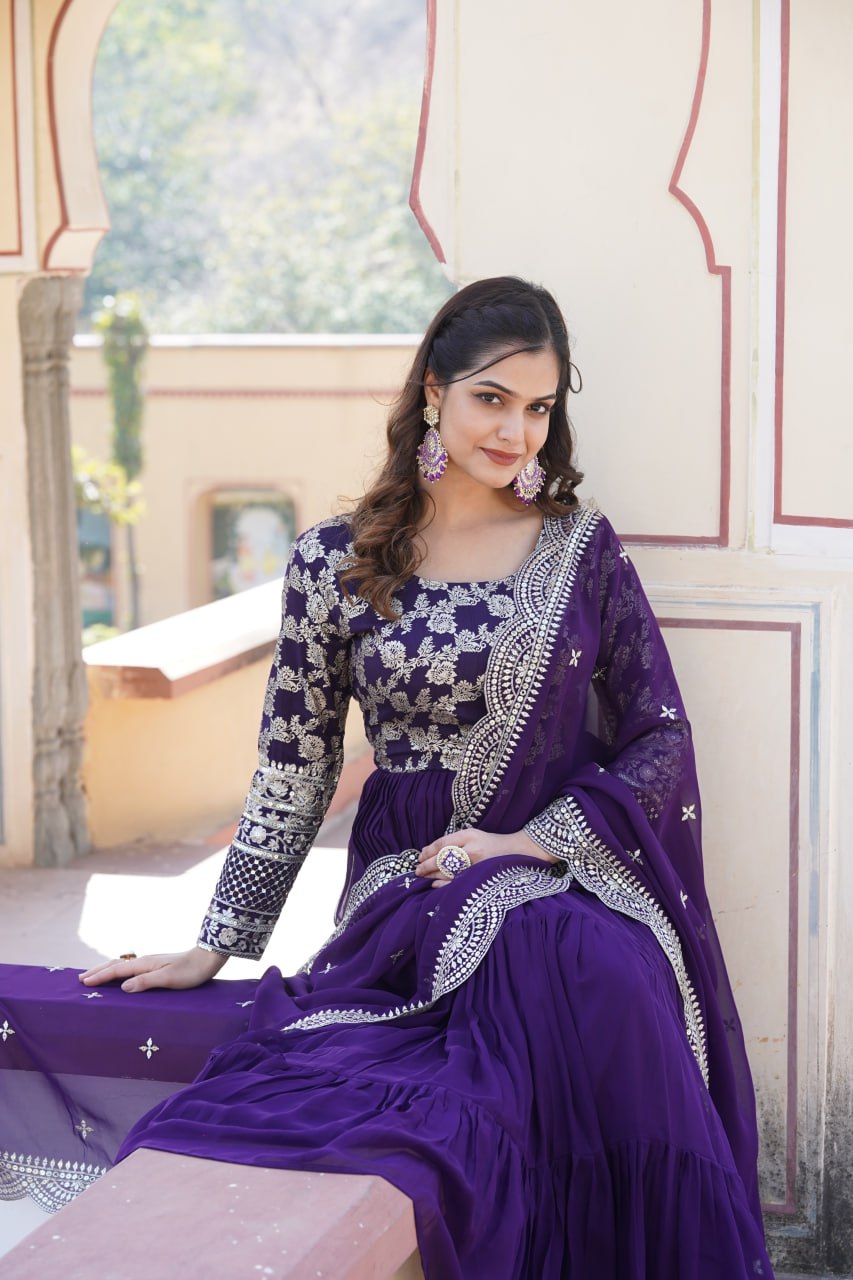 Enticing Faux Georgette Sequins Embroidered Festive Wear Gown - INDIAN ELEGANCE