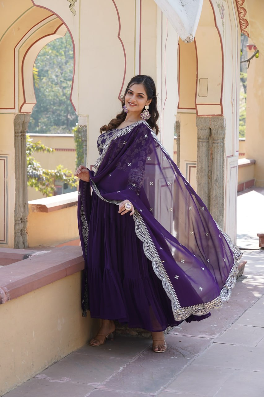 Enticing Faux Georgette Sequins Embroidered Festive Wear Gown - INDIAN ELEGANCE