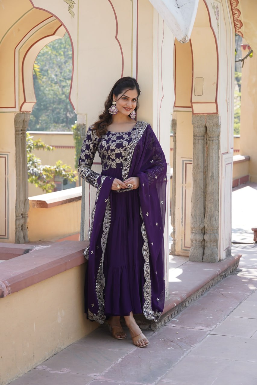 Enticing Faux Georgette Sequins Embroidered Festive Wear Gown - INDIAN ELEGANCE