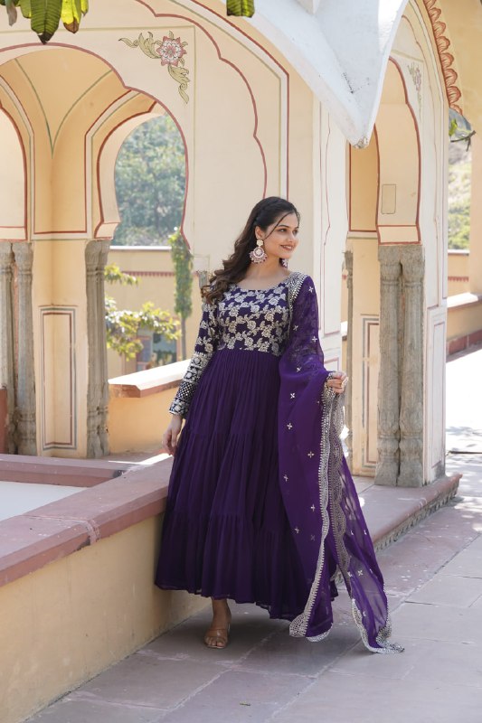 Enticing Faux Georgette Sequins Embroidered Festive Wear Gown - INDIAN ELEGANCE