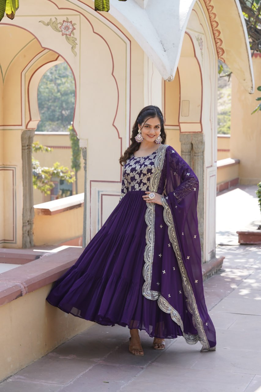 Enticing Faux Georgette Sequins Embroidered Festive Wear Gown - INDIAN ELEGANCE