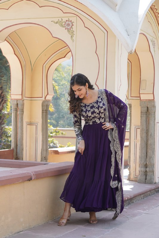 Enticing Faux Georgette Sequins Embroidered Festive Wear Gown - INDIAN ELEGANCE