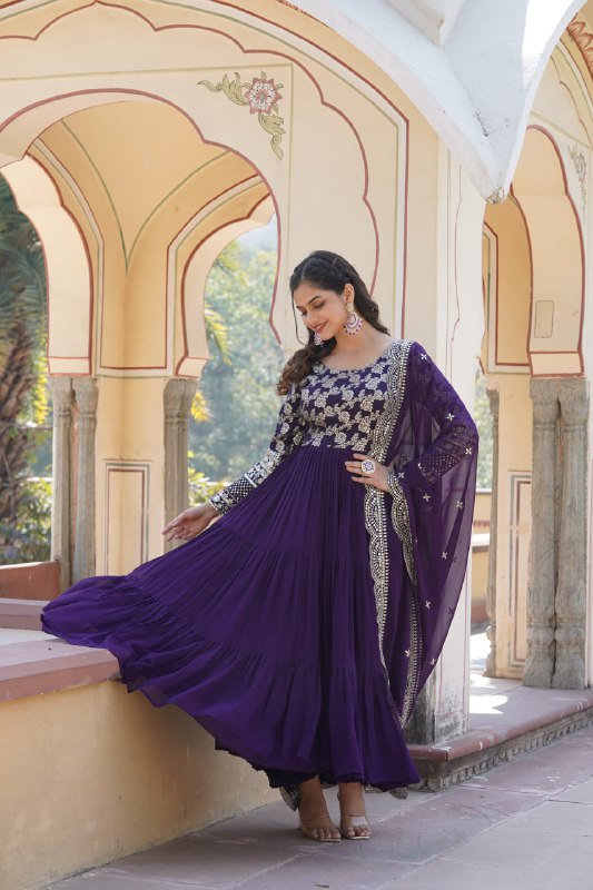 Enticing Faux Georgette Sequins Embroidered Festive Wear Gown - INDIAN ELEGANCE