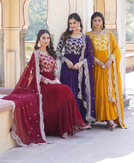 Enticing Faux Georgette Sequins Embroidered Festive Wear Gown - INDIAN ELEGANCE