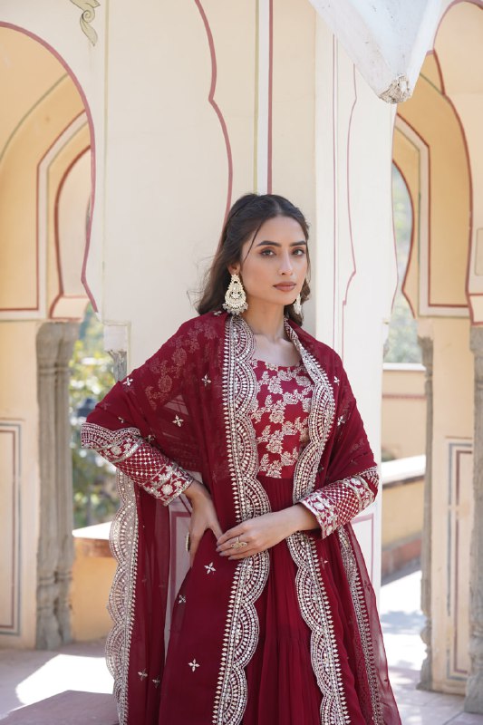 Enticing Faux Georgette Sequins Embroidered Festive Wear Gown - INDIAN ELEGANCE