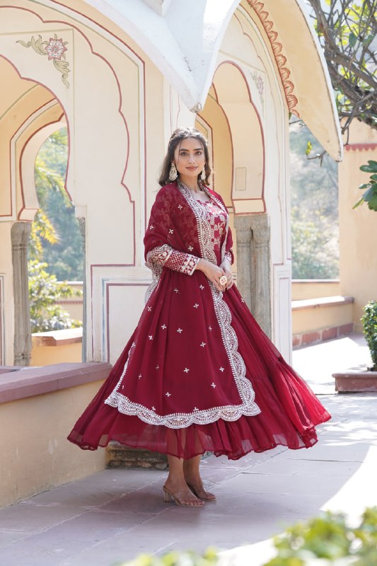 Enticing Faux Georgette Sequins Embroidered Festive Wear Gown - INDIAN ELEGANCE