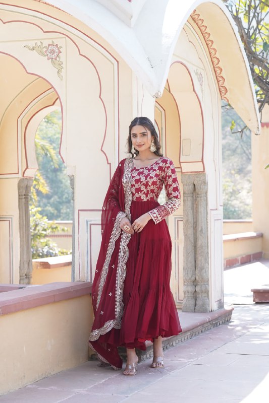 Enticing Faux Georgette Sequins Embroidered Festive Wear Gown - INDIAN ELEGANCE