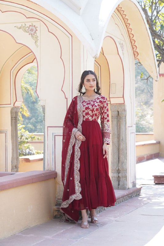 Enticing Faux Georgette Sequins Embroidered Festive Wear Gown - INDIAN ELEGANCE