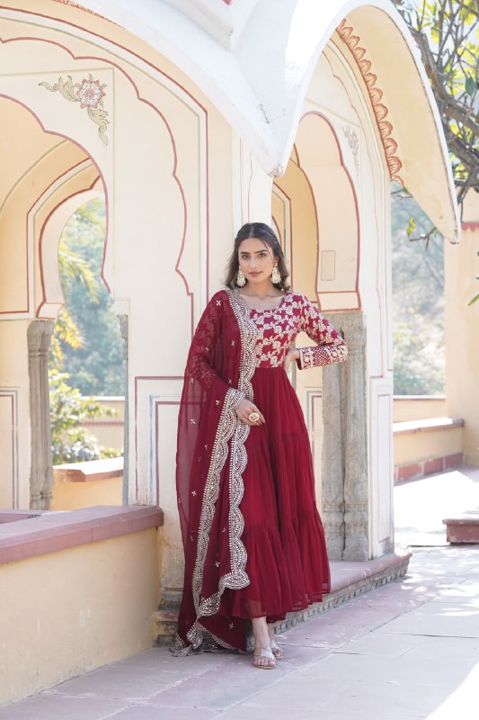 Enticing Faux Georgette Sequins Embroidered Festive Wear Gown - INDIAN ELEGANCE