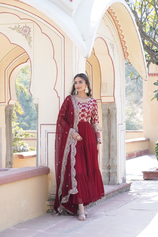 Enticing Faux Georgette Sequins Embroidered Festive Wear Gown - INDIAN ELEGANCE