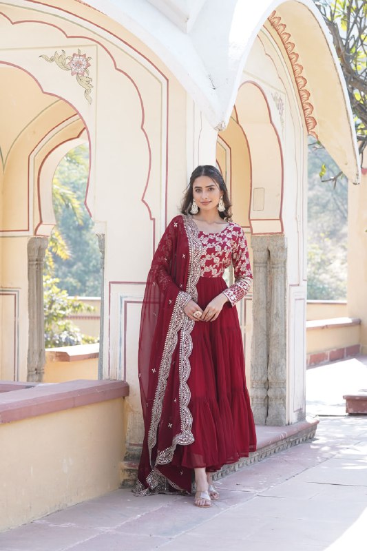 Enticing Faux Georgette Sequins Embroidered Festive Wear Gown - INDIAN ELEGANCE