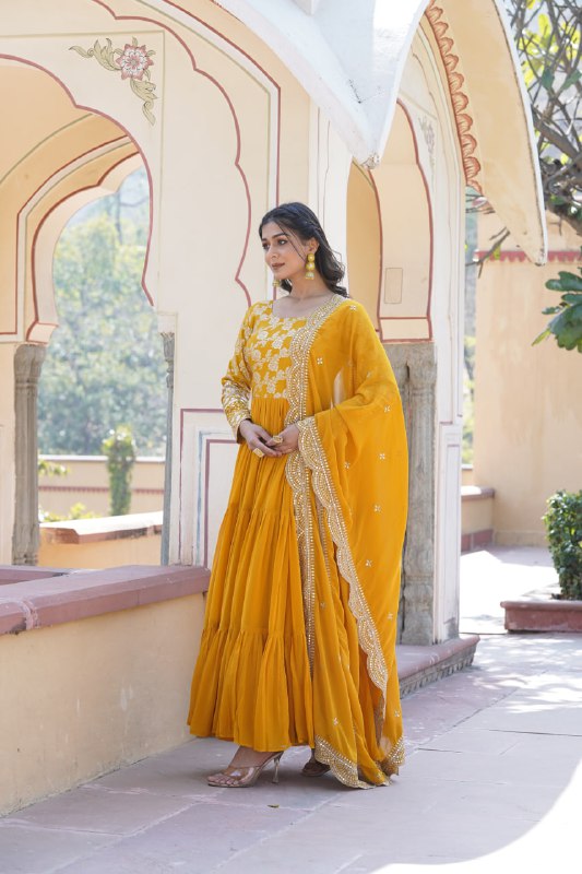 Enticing Faux Georgette Sequins Embroidered Festive Wear Gown - INDIAN ELEGANCE