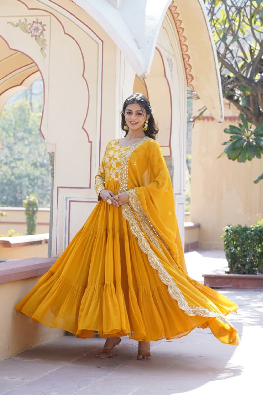 Enticing Faux Georgette Sequins Embroidered Festive Wear Gown - INDIAN ELEGANCE