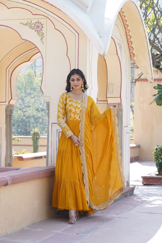 Enticing Faux Georgette Sequins Embroidered Festive Wear Gown - INDIAN ELEGANCE