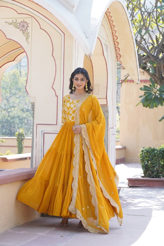 Enticing Faux Georgette Sequins Embroidered Festive Wear Gown - INDIAN ELEGANCE
