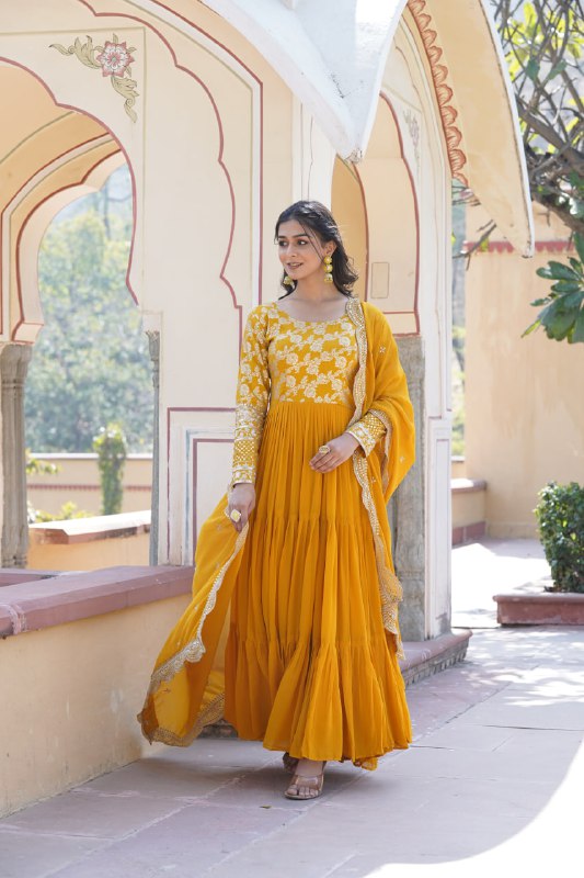 Enticing Faux Georgette Sequins Embroidered Festive Wear Gown - INDIAN ELEGANCE