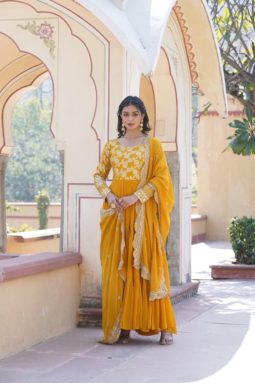 Enticing Faux Georgette Sequins Embroidered Festive Wear Gown - INDIAN ELEGANCE