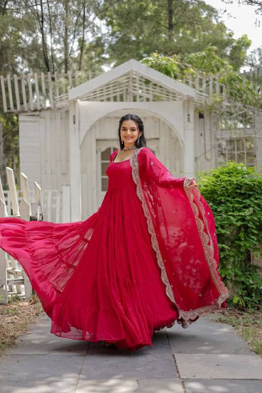 Delightful Faux Georgette 15 Meter Flared Fully Stitched Ruffle Gown - INDIAN ELEGANCE