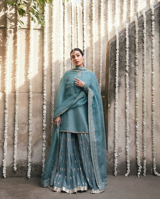 Party Wear Sharara Set for Women – Heavy Embroidered Faux Georgette Kurta Sharara with Dupatta | Sangeet, Wedding, Reception Outfit