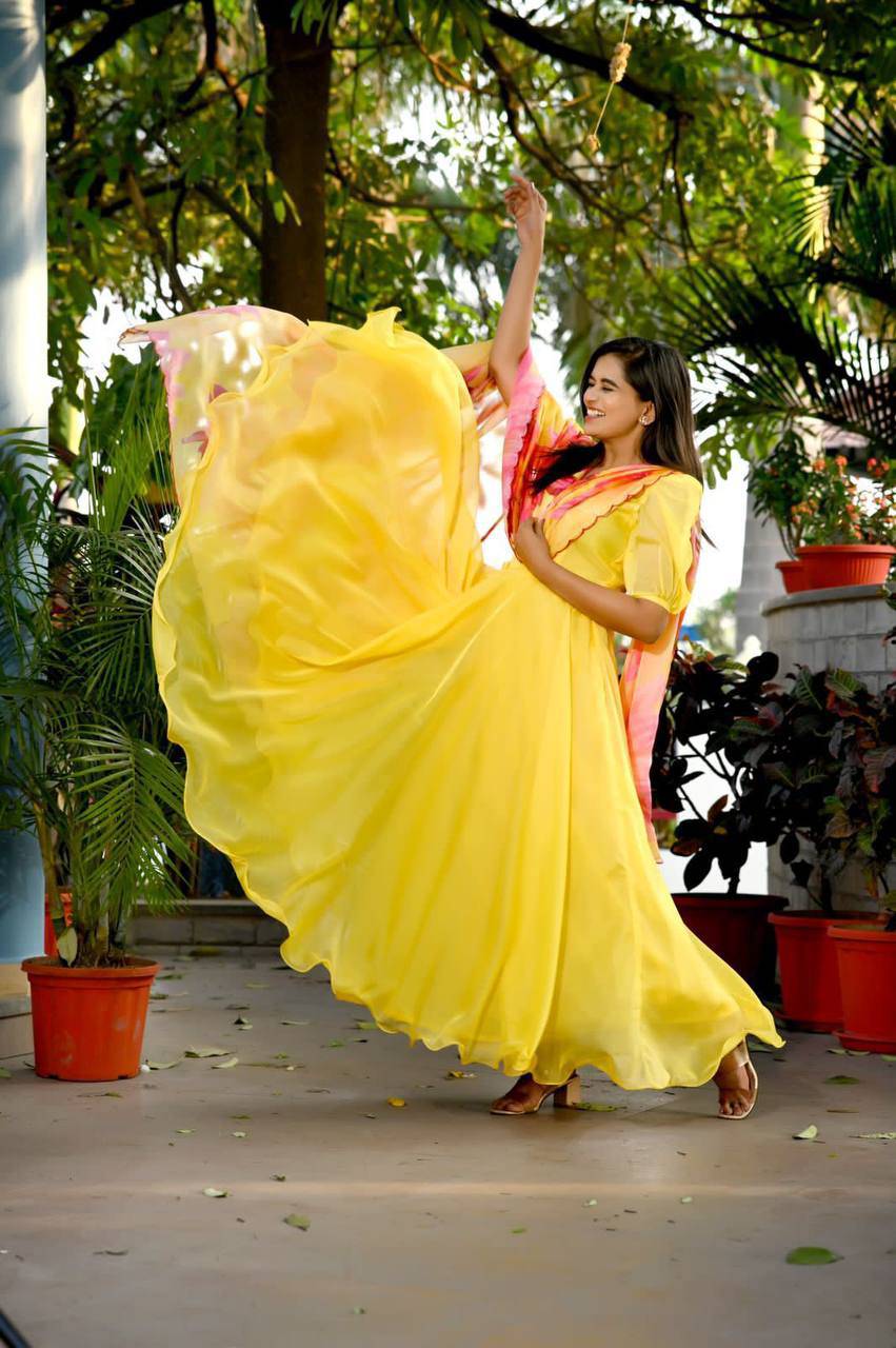 Spectacular Tabby Silk Fully Stitched Flairy Gown With Dupatta - INDIAN ELEGANCE