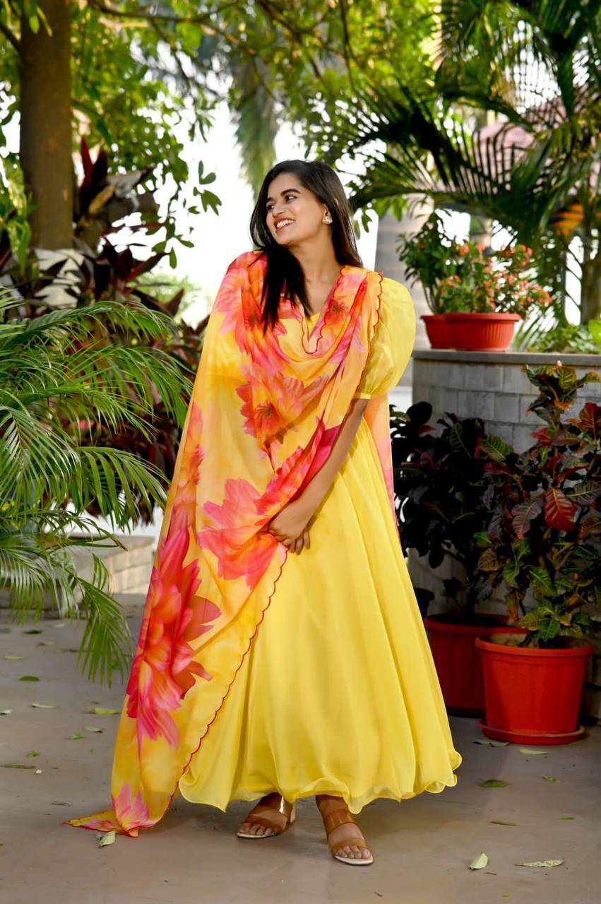 Spectacular Tabby Silk Fully Stitched Flairy Gown With Dupatta - INDIAN ELEGANCE