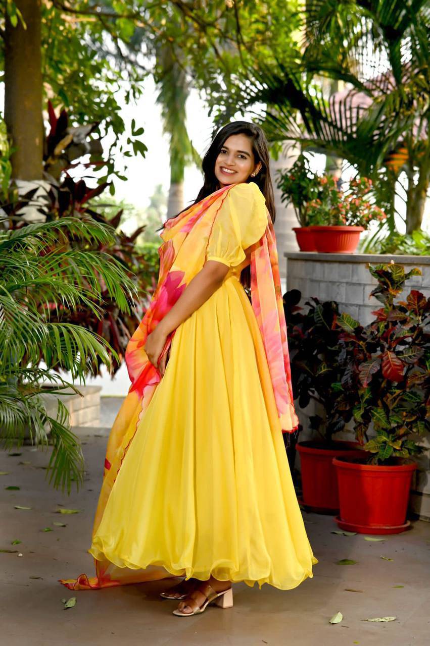 Spectacular Tabby Silk Fully Stitched Flairy Gown With Dupatta - INDIAN ELEGANCE