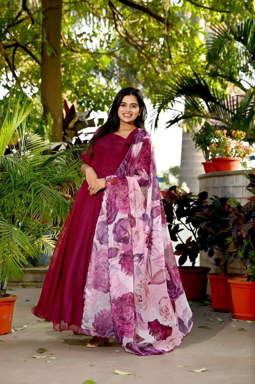 Spectacular Tabby Silk Fully Stitched Flairy Gown With Dupatta - INDIAN ELEGANCE
