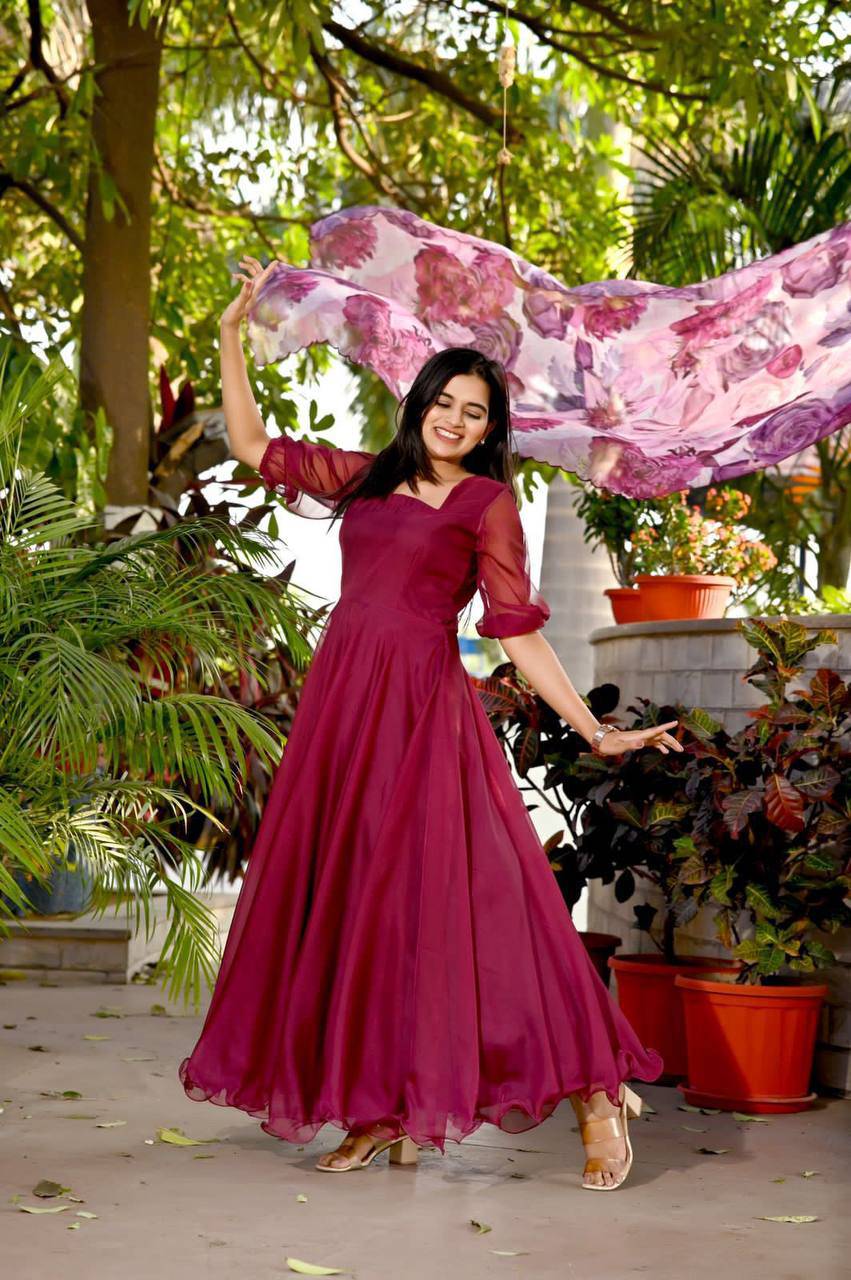 Spectacular Tabby Silk Fully Stitched Flairy Gown With Dupatta - INDIAN ELEGANCE