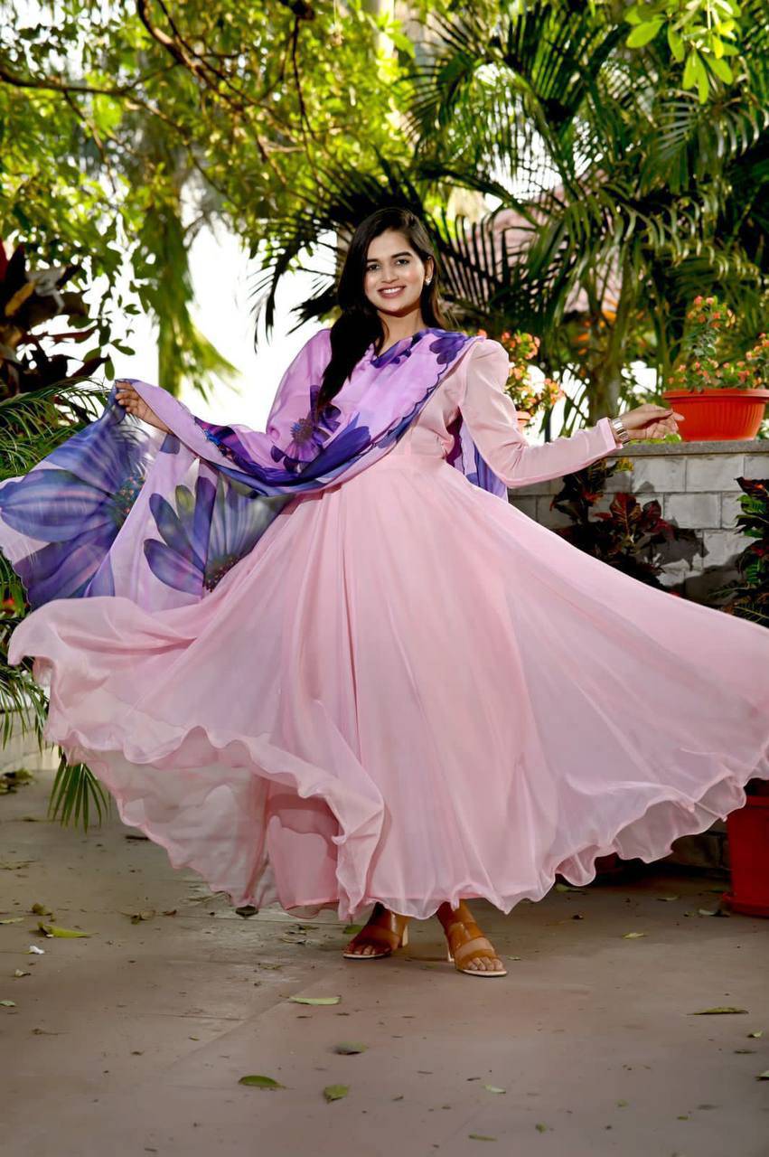 Spectacular Tabby Silk Fully Stitched Flairy Gown With Dupatta - INDIAN ELEGANCE