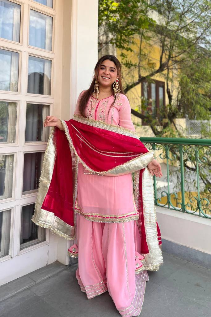 Festive & Wedding Wear Organza Silk Sharara Suit Set with Gota Patti Dupatta for woman