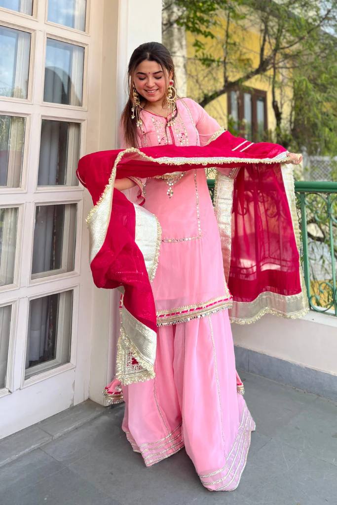 Festive & Wedding Wear Organza Silk Sharara Suit Set with Gota Patti Dupatta for woman