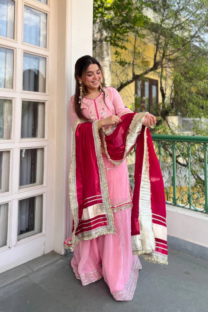 Festive & Wedding Wear Organza Silk Sharara Suit Set with Gota Patti Dupatta for woman