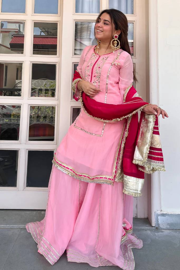 Festive & Wedding Wear Organza Silk Sharara Suit Set with Gota Patti Dupatta for woman
