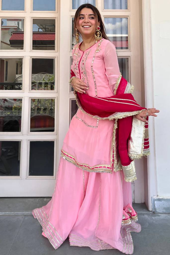 Festive & Wedding Wear Organza Silk Sharara Suit Set with Gota Patti Dupatta for woman