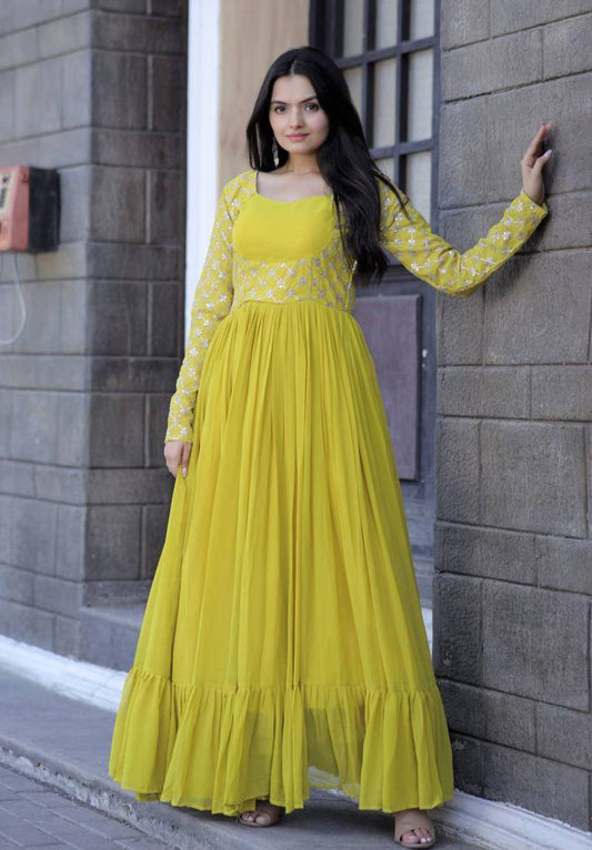 Enchanting Yellow Faux Georgette Sequins Worked Designer Gown - INDIAN ELEGANCE