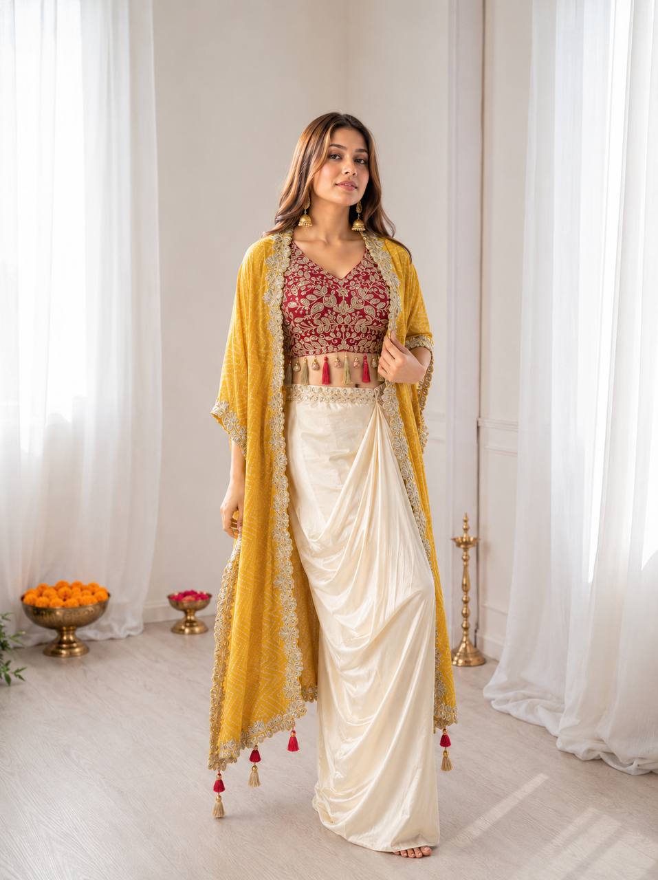 Ivory Dhoti Saree Set for Women with Embroidered Blouse & Pink Shrug – Indo Western Party Wear Outfit | Sangeet, Mehendi, Wedding & Reception Wear 2026