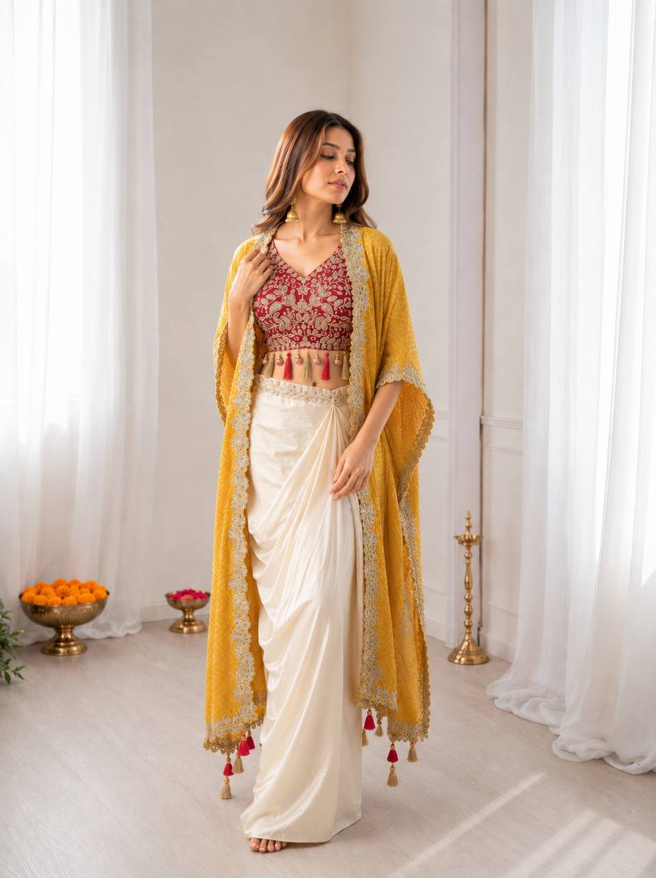 Ivory Dhoti Saree Set for Women with Embroidered Blouse & Pink Shrug – Indo Western Party Wear Outfit | Sangeet, Mehendi, Wedding & Reception Wear 2026