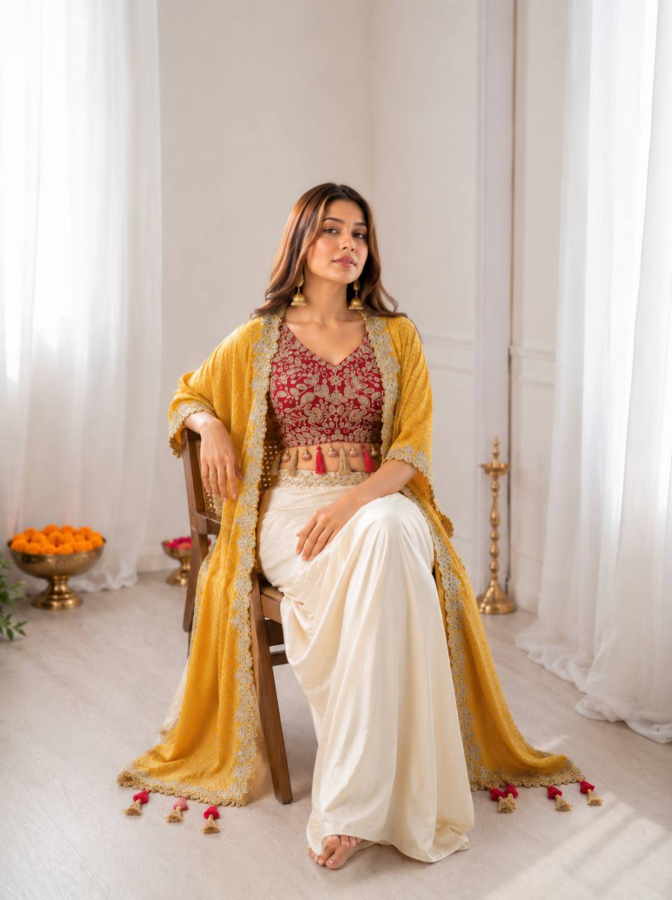 Ivory Dhoti Saree Set for Women with Embroidered Blouse & Pink Shrug – Indo Western Party Wear Outfit | Sangeet, Mehendi, Wedding & Reception Wear 2026