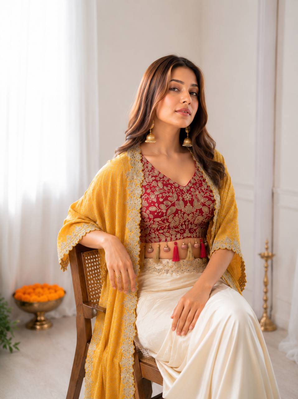 Ivory Dhoti Saree Set for Women with Embroidered Blouse & Pink Shrug – Indo Western Party Wear Outfit | Sangeet, Mehendi, Wedding & Reception Wear 2026