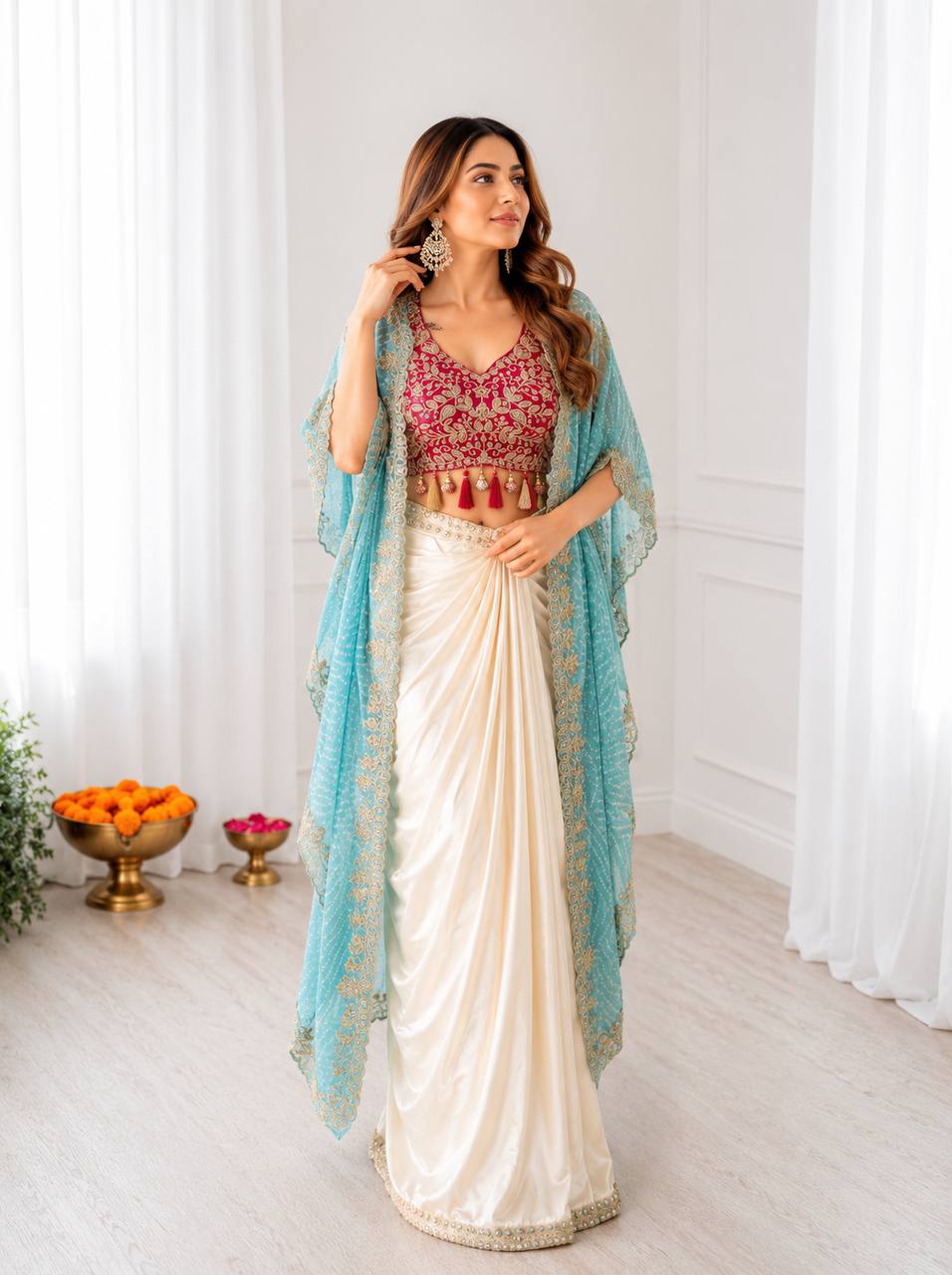 Ivory Dhoti Saree Set for Women with Embroidered Blouse & Pink Shrug – Indo Western Party Wear Outfit | Sangeet, Mehendi, Wedding & Reception Wear 2026