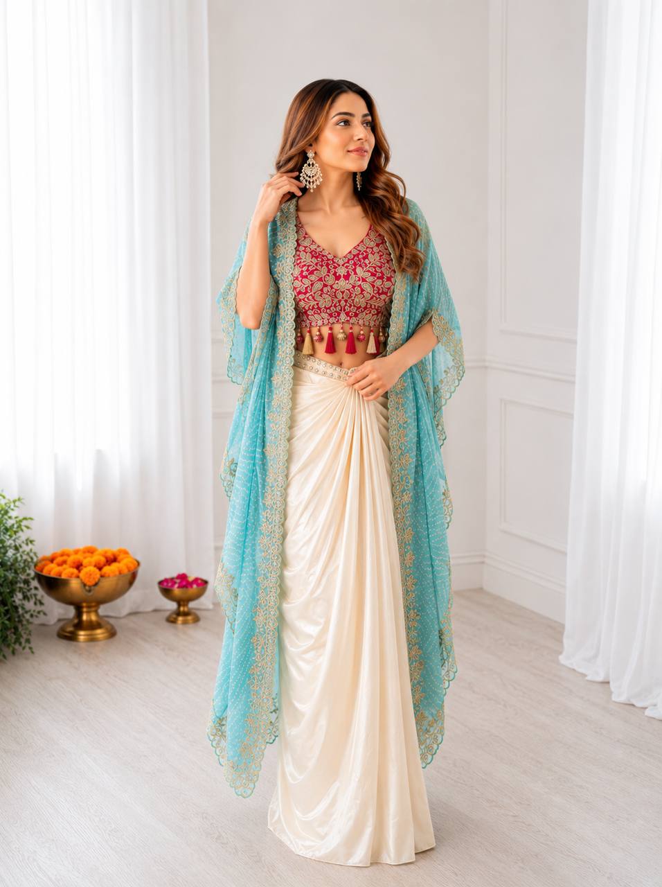 Ivory Dhoti Saree Set for Women with Embroidered Blouse & Pink Shrug – Indo Western Party Wear Outfit | Sangeet, Mehendi, Wedding & Reception Wear 2026