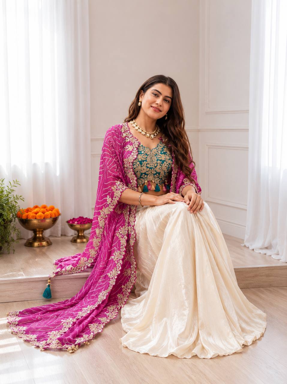 Ivory Dhoti Saree Set for Women with Embroidered Blouse & Pink Shrug – Indo Western Party Wear Outfit | Sangeet, Mehendi, Wedding & Reception Wear 2026