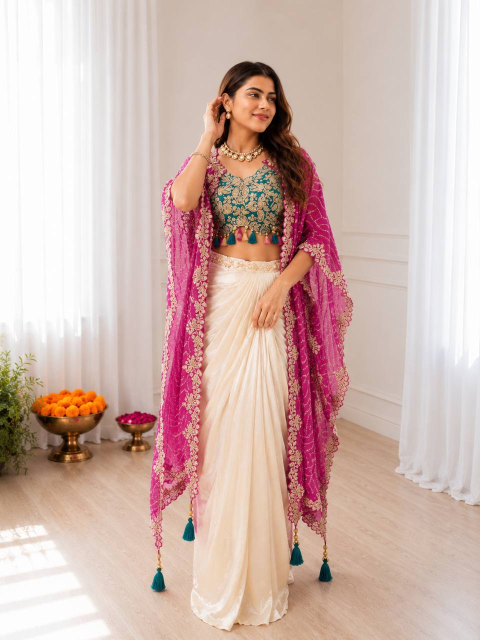 Ivory Dhoti Saree Set for Women with Embroidered Blouse & Pink Shrug – Indo Western Party Wear Outfit | Sangeet, Mehendi, Wedding & Reception Wear 2026
