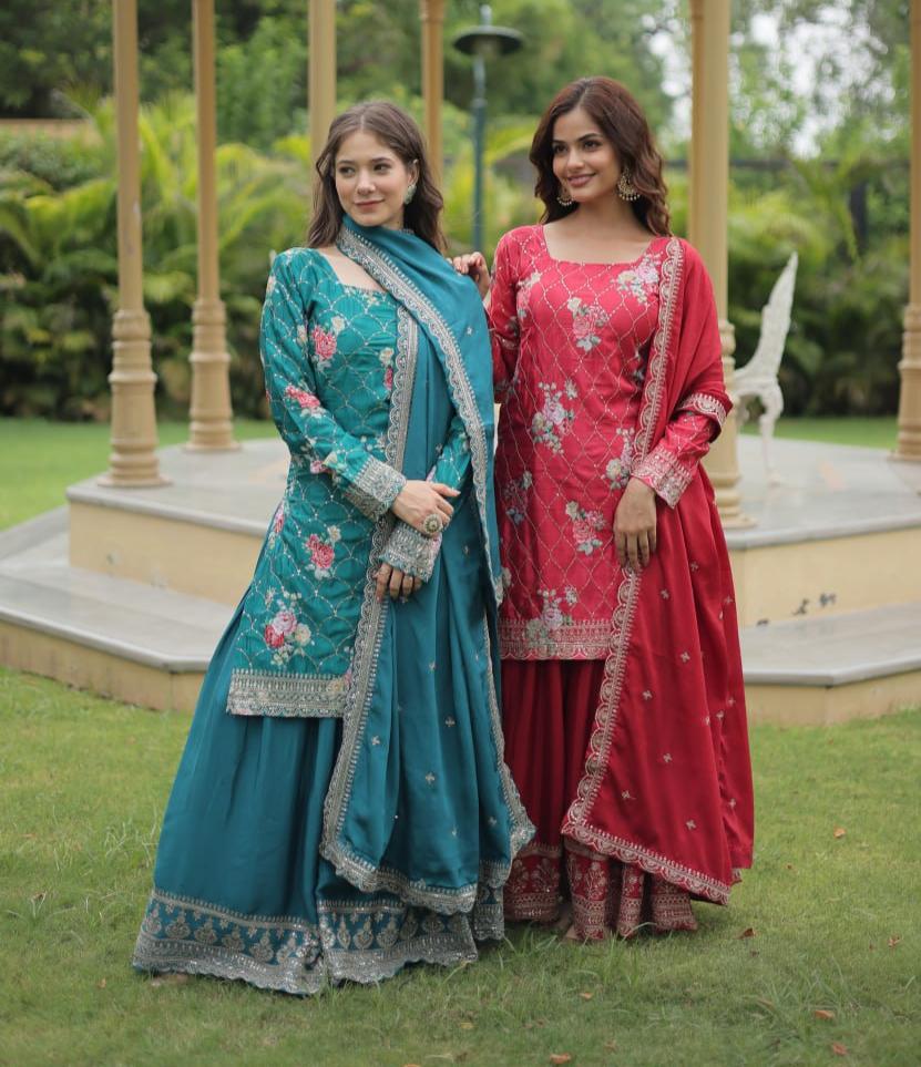 Lovely Chinon Printed Sequins Thread Worked Top Palazzo Suit - INDIAN ELEGANCE