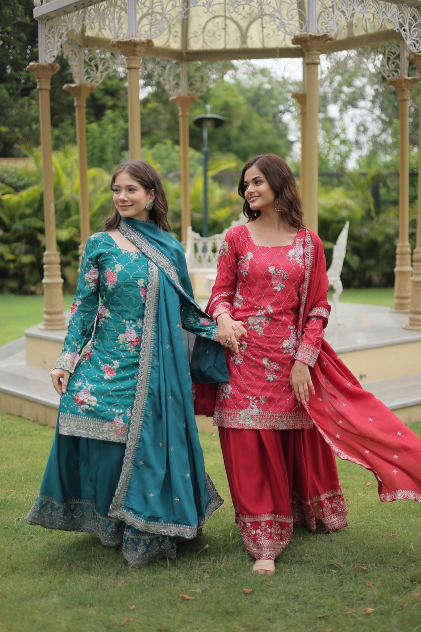Lovely Chinon Printed Sequins Thread Worked Top Palazzo Suit - INDIAN ELEGANCE