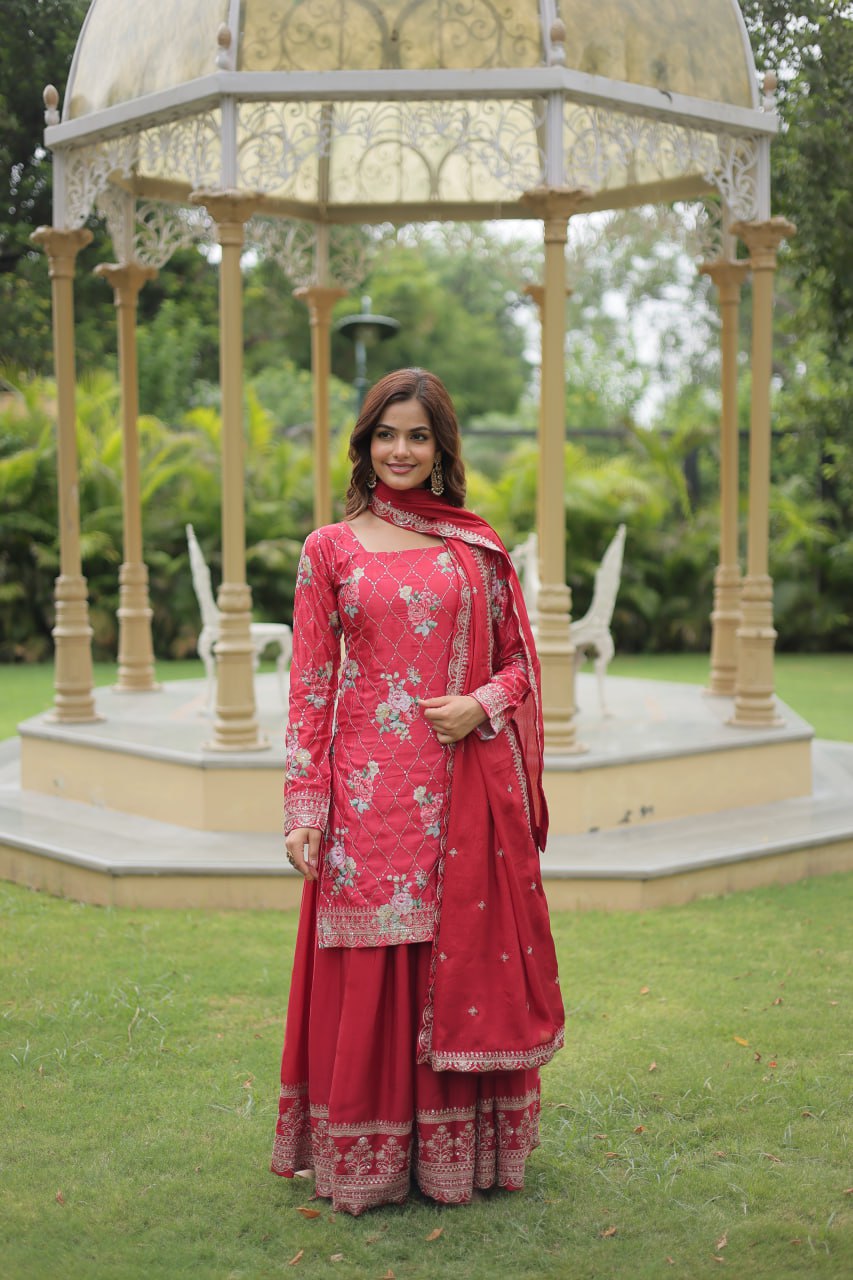 Lovely Chinon Printed Sequins Thread Worked Top Palazzo Suit - INDIAN ELEGANCE