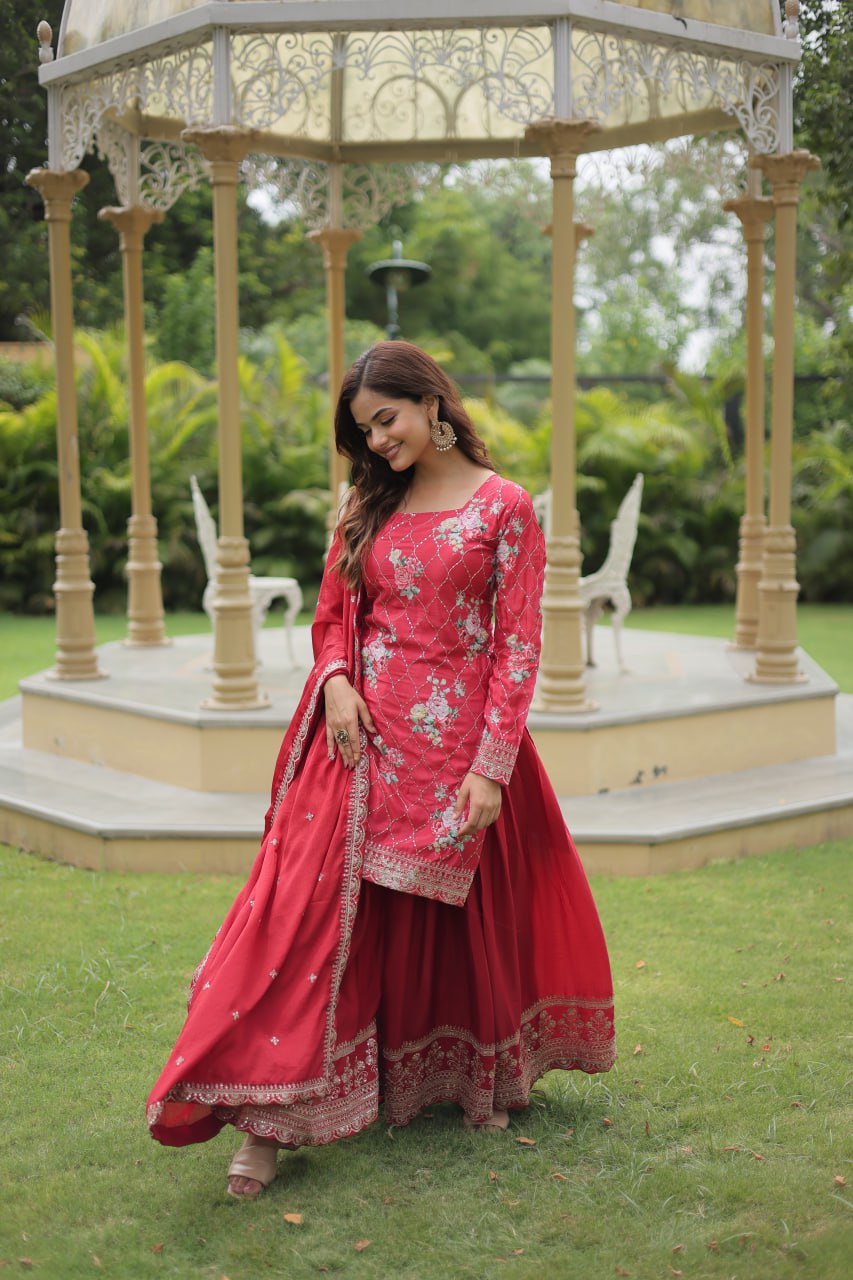Lovely Chinon Printed Sequins Thread Worked Top Palazzo Suit - INDIAN ELEGANCE