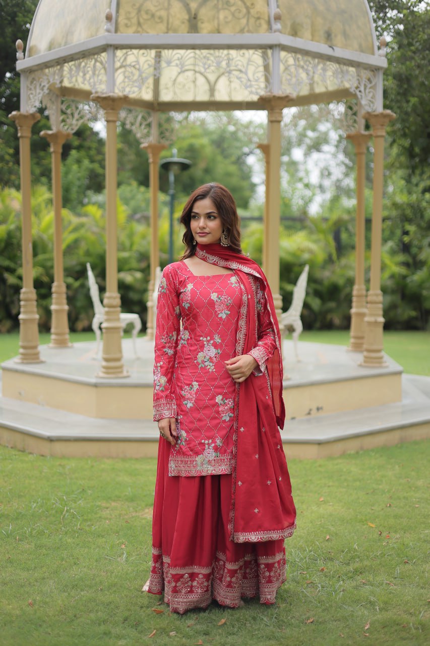 Lovely Chinon Printed Sequins Thread Worked Top Palazzo Suit - INDIAN ELEGANCE