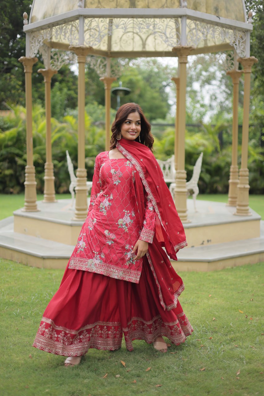 Lovely Chinon Printed Sequins Thread Worked Top Palazzo Suit - INDIAN ELEGANCE